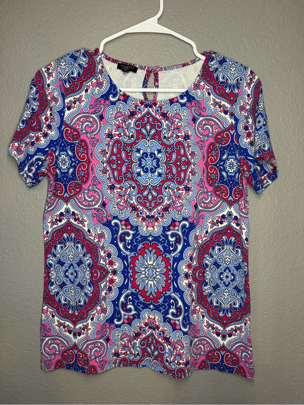 Talbots Pink and Blue Paisley-Print Short Sleeve Top